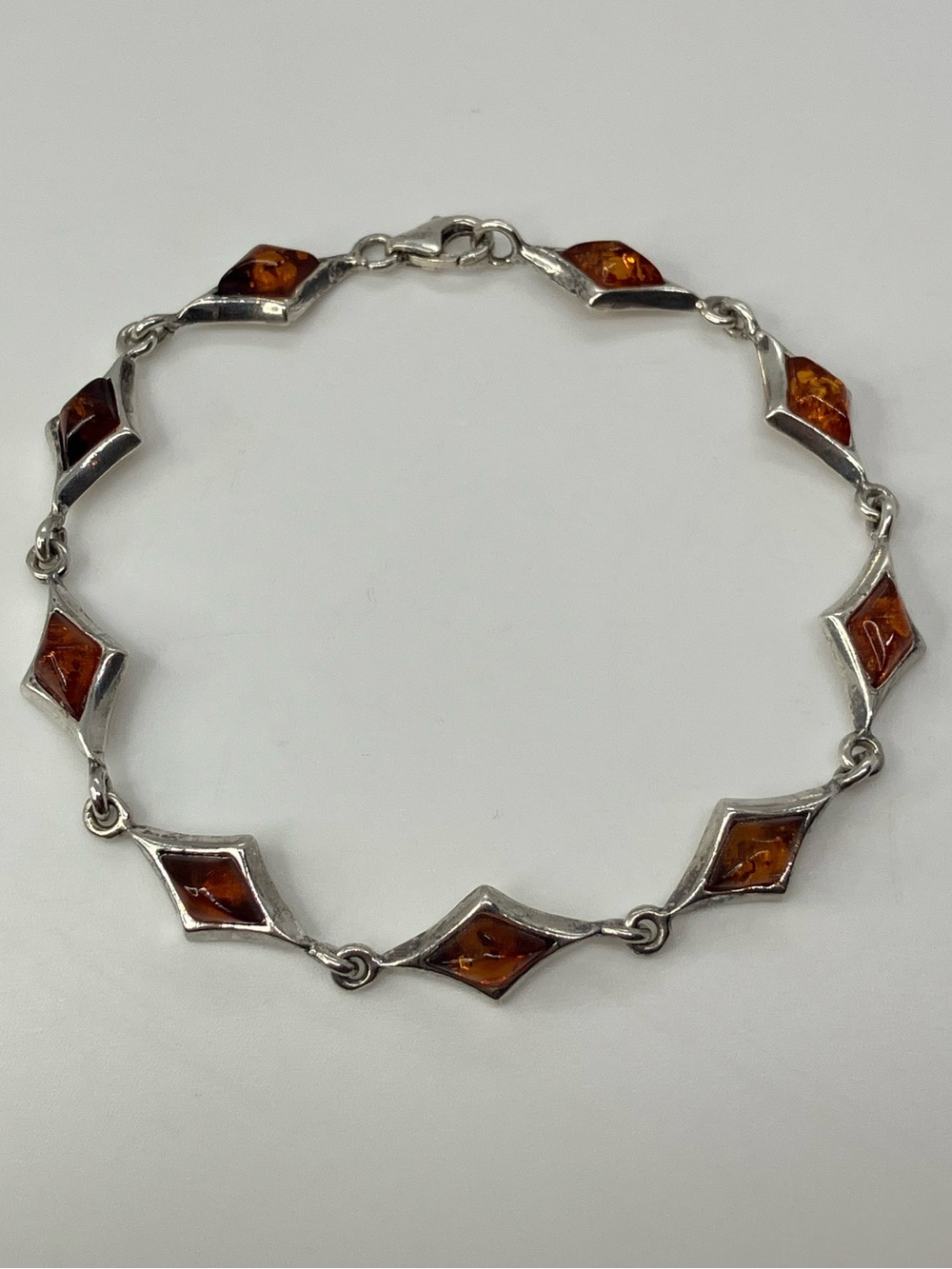 Vtg 925 Sterling Silver Baltic Amber Diamond / Star Shaped Link Bracelet | 7.5”
